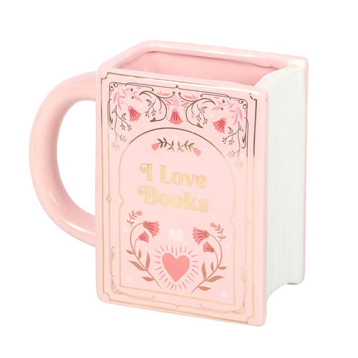 "Jag älskar böcker" rosa bokformad mugg