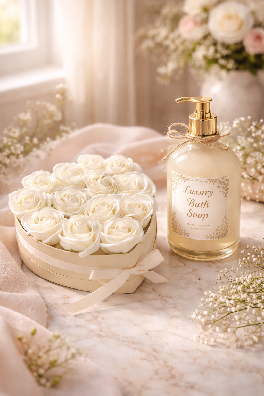 Soap Flower Gift Bouquet – 13 Cream Roses (Heart)