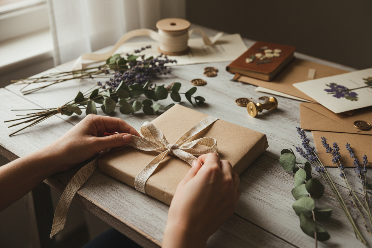 A warm, cozy scene of hands wrapping a book in brown paper and ribbon on a wooden table, soft natural daylight, dried flowers, vintage stationery, calm and intimate atmosphere, Scandinavian cozy aesthetic, muted earthy tones, shallow depth of field, high quality, cinematic, soft focus